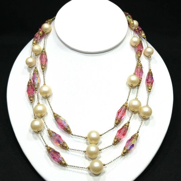 Vintage 1960s Pink Crystal Necklace 3 Strand Aurora Borealis Faux Pearl Beads - Picture 1 of 8